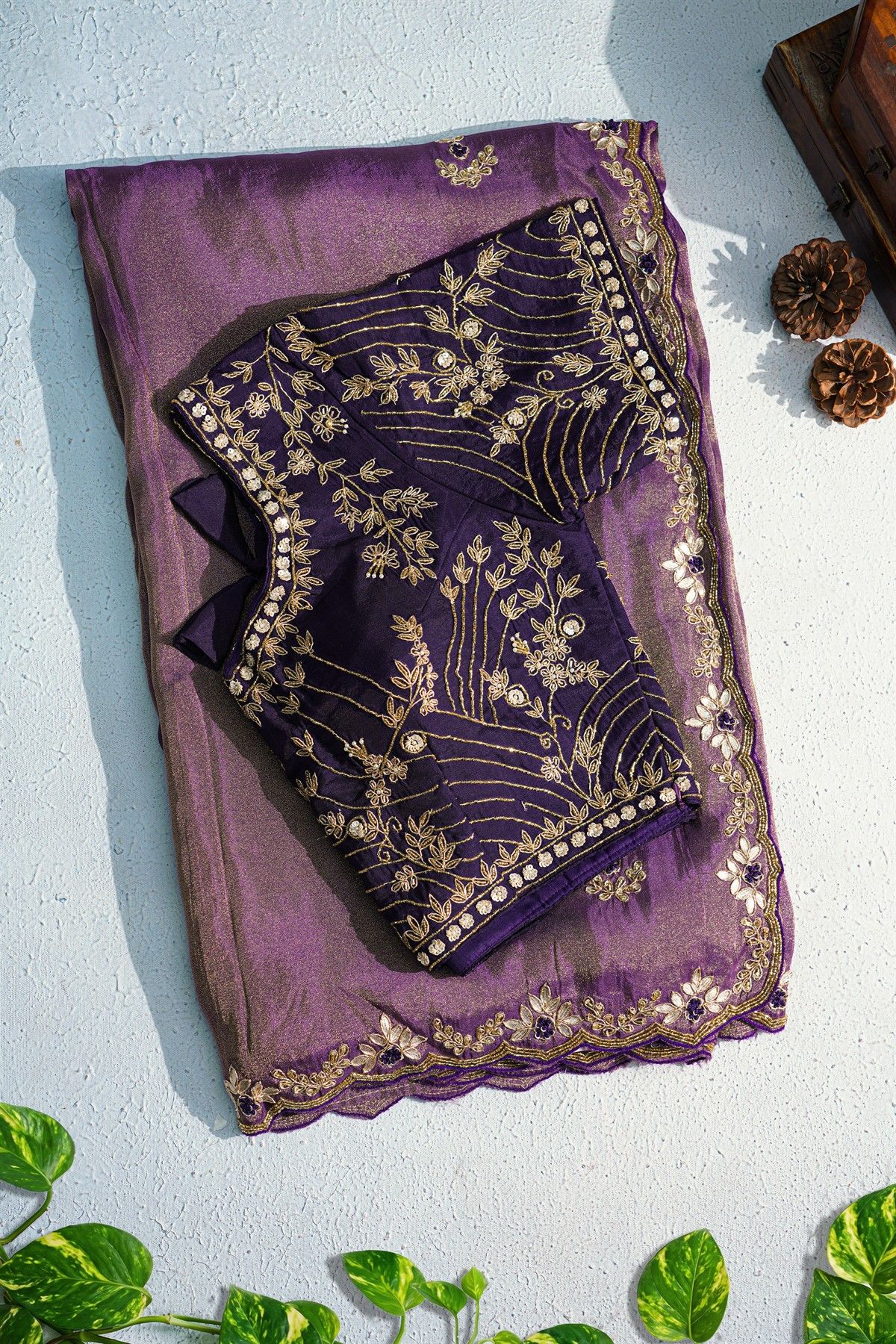 Designer Crepe Purple Saree With Floral Jaal With Zardozi Work Border