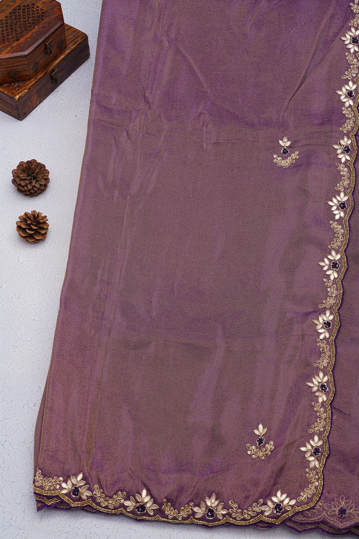 Designer Crepe Purple Saree With Floral Jaal With Zardozi Work Border
