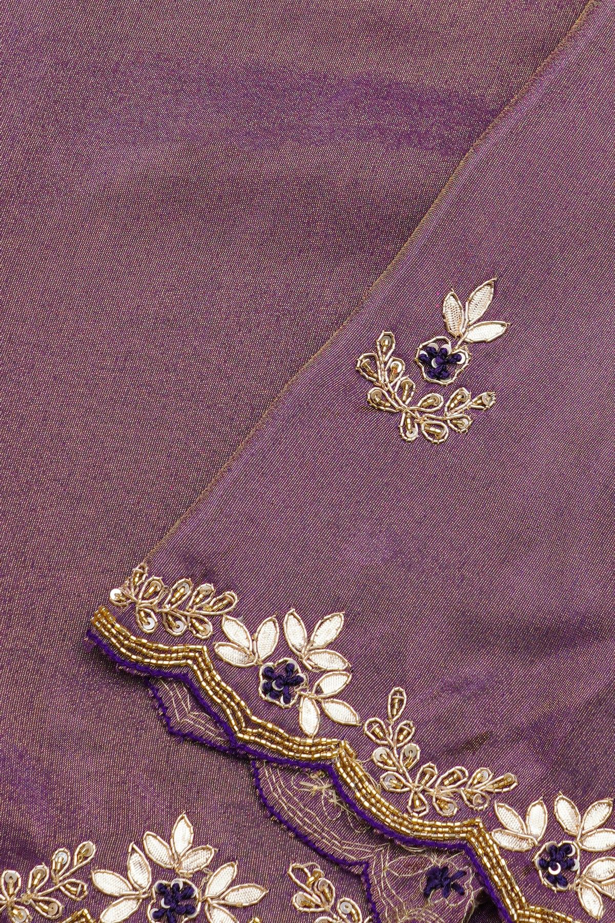 Designer Crepe Purple Saree With Floral Jaal With Zardozi Work Border