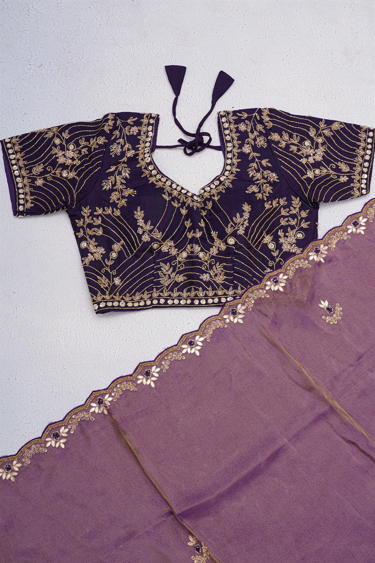 Designer Crepe Purple Saree With Floral Jaal With Zardozi Work Border