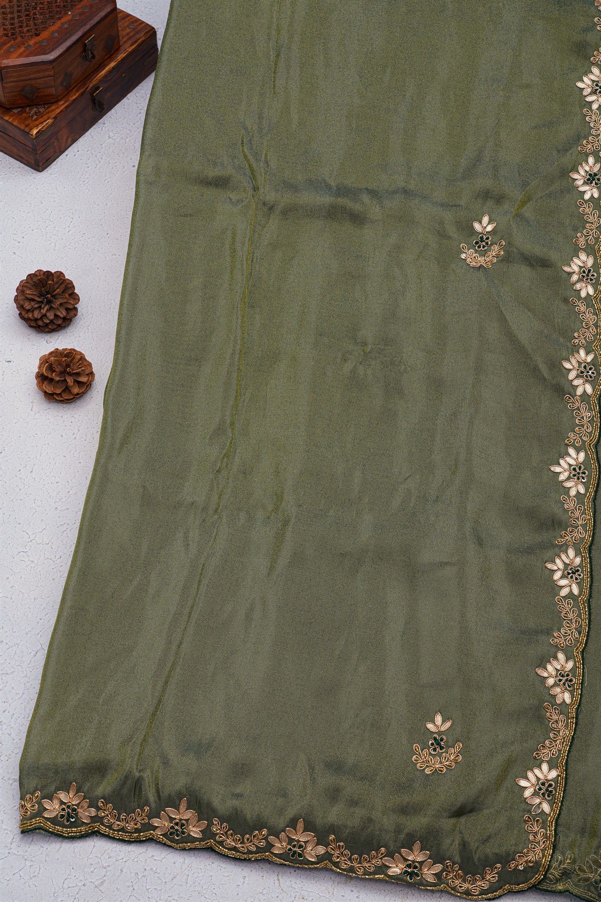 Designer Crepe Grey Saree With Floral And Leaves In Zardozi And Sequins Work Border