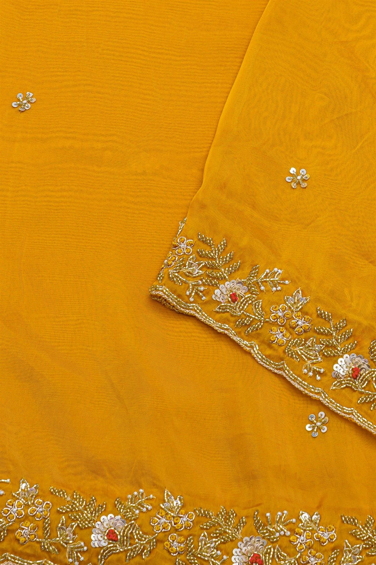 Designer Georgette Mustard Saree With Florals With Pearls And Kardhana Work Border