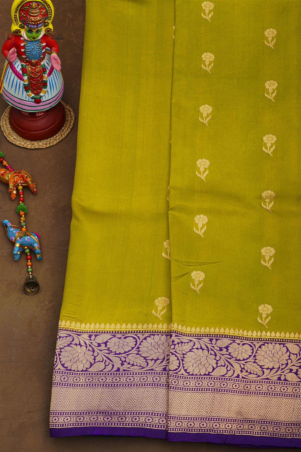 Fancy Matka Silk Mehendi Green Saree With Floral Buttis Body