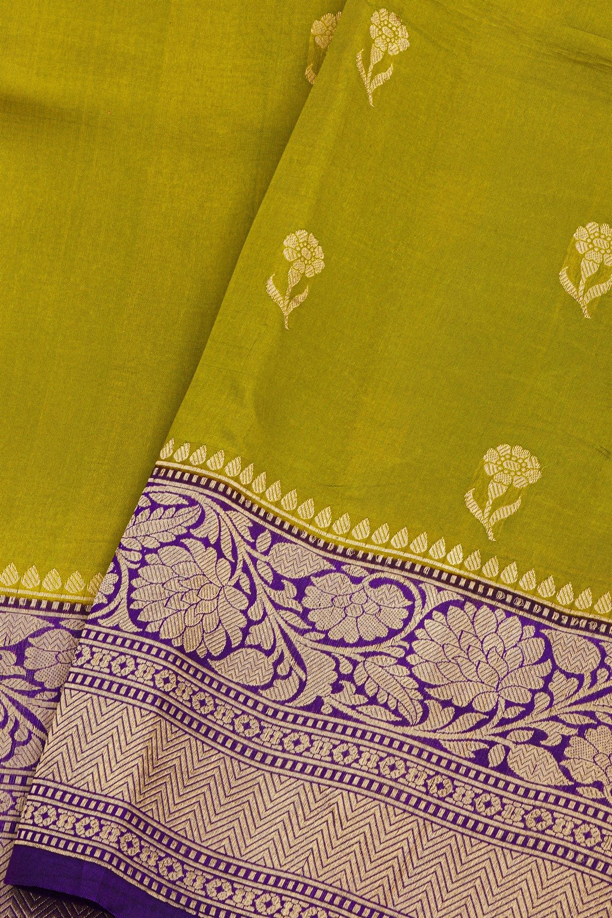 Fancy Matka Silk Mehendi Green Saree With Floral Buttis Body