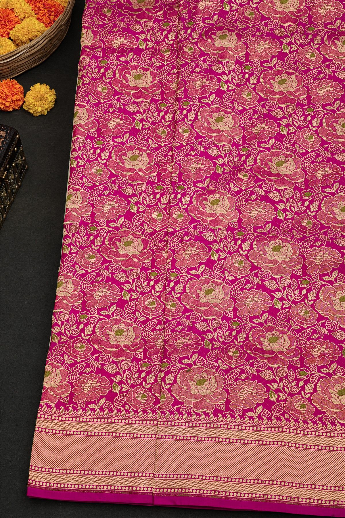 Banarasi Silk Pink Saree With Cross Lines And Temples Border