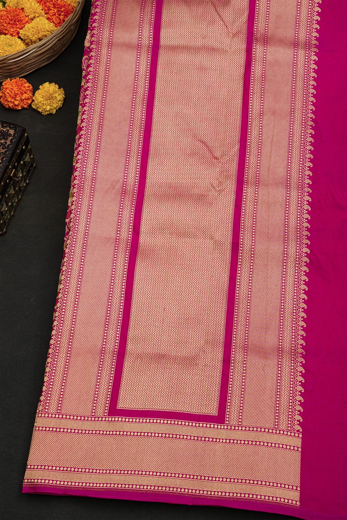 Banarasi Silk Pink Saree With Cross Lines And Temples Border