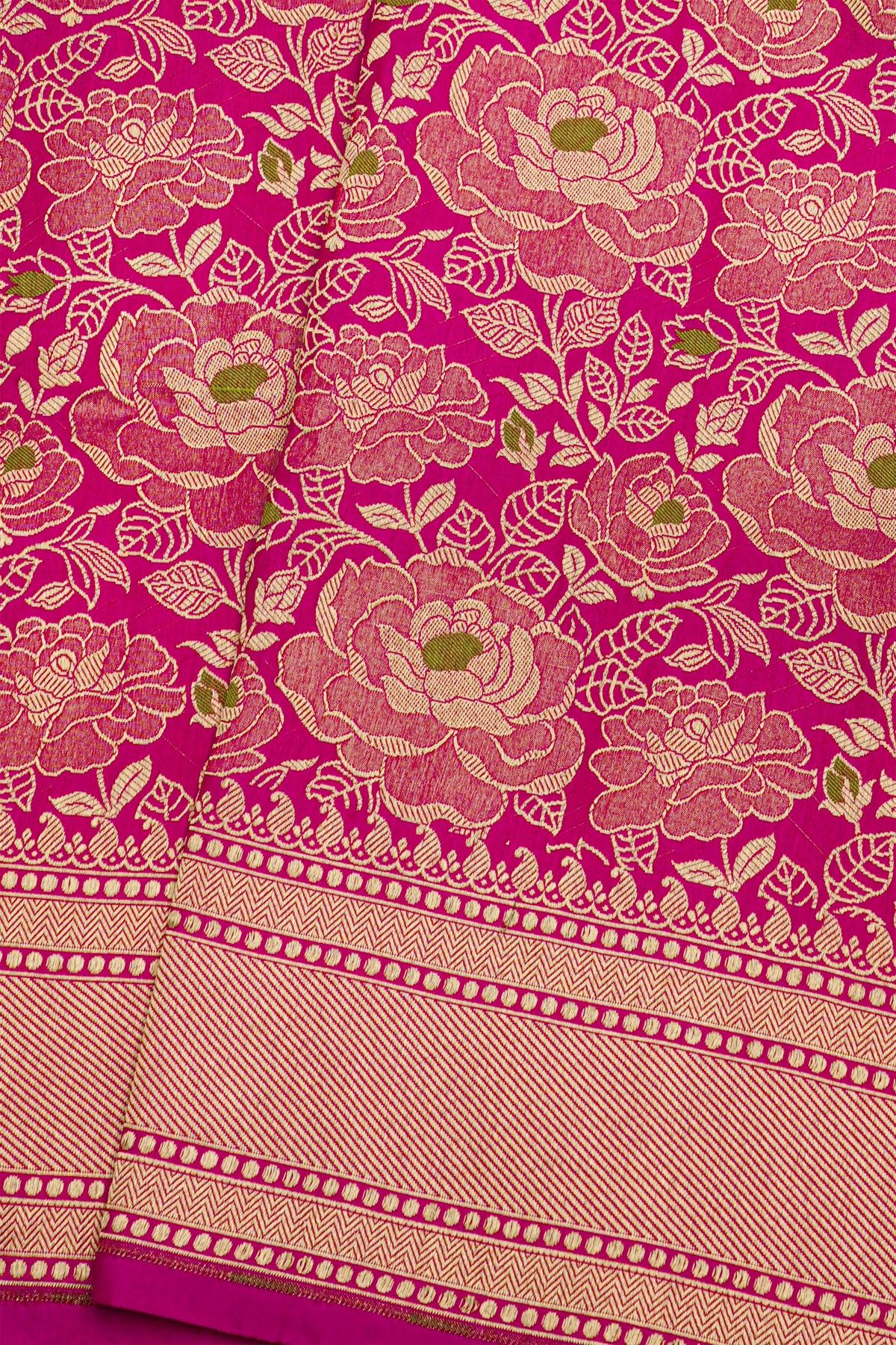 Banarasi Silk Pink Saree With Cross Lines And Temples Border