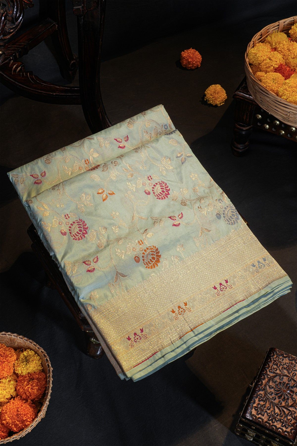 Banarasi Silk Grey Saree With Florals And Diamonds In Lines Border