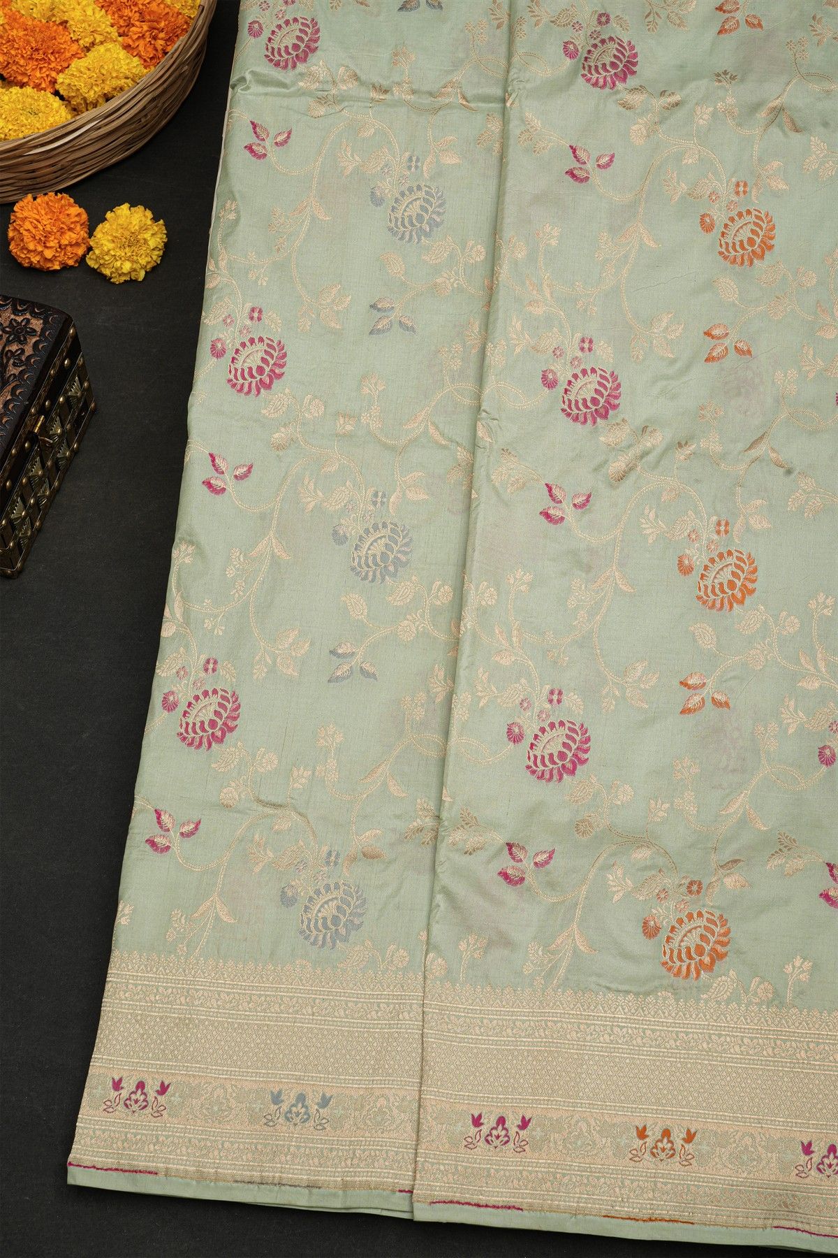 Banarasi Silk Grey Saree With Florals And Diamonds In Lines Border