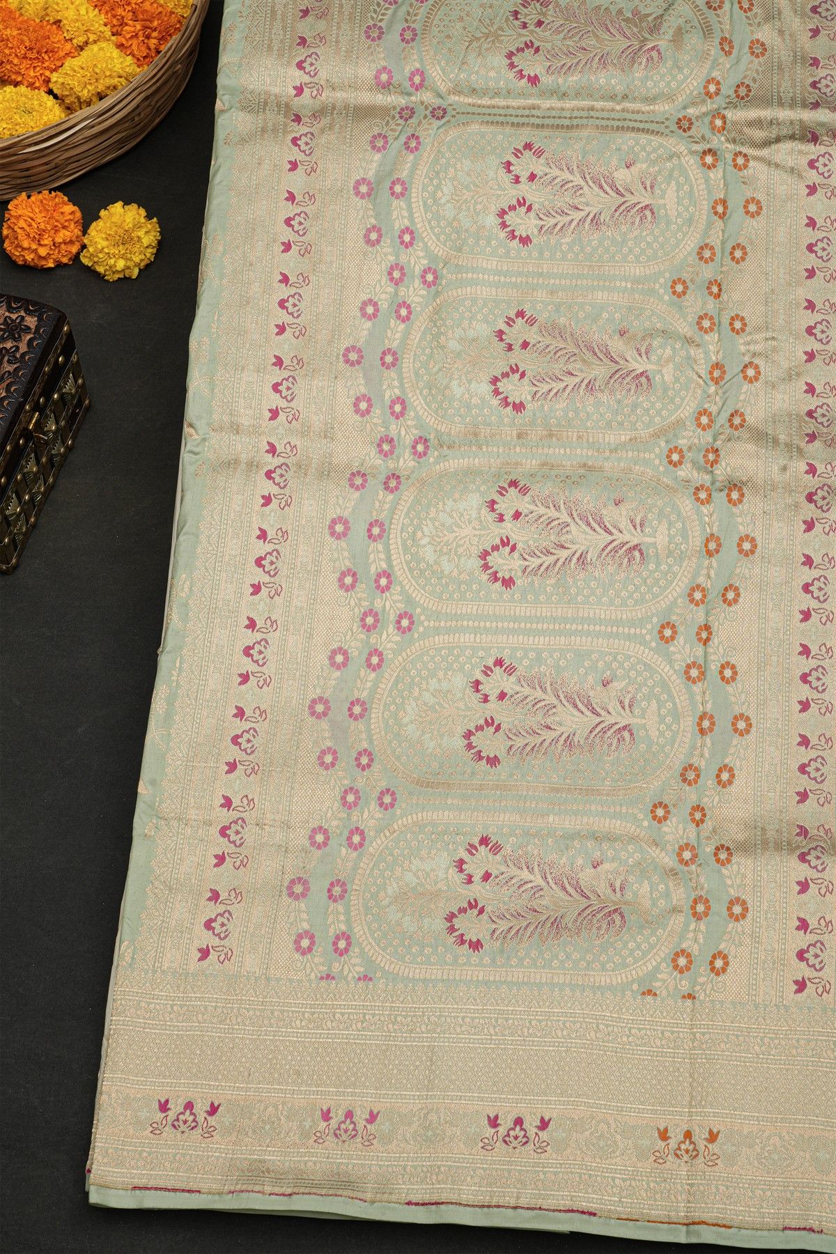 Banarasi Silk Grey Saree With Florals And Diamonds In Lines Border