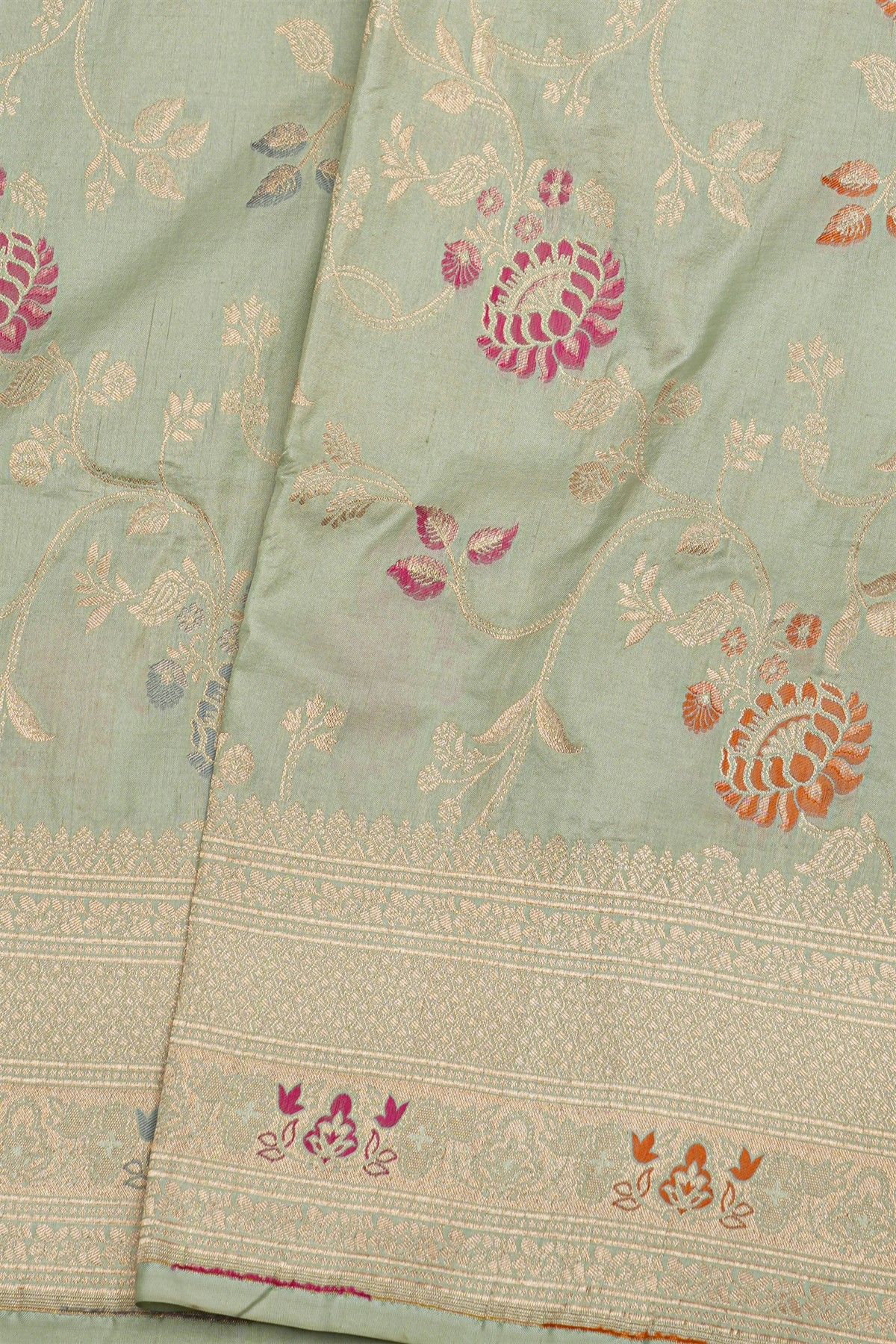 Banarasi Silk Grey Saree With Florals And Diamonds In Lines Border
