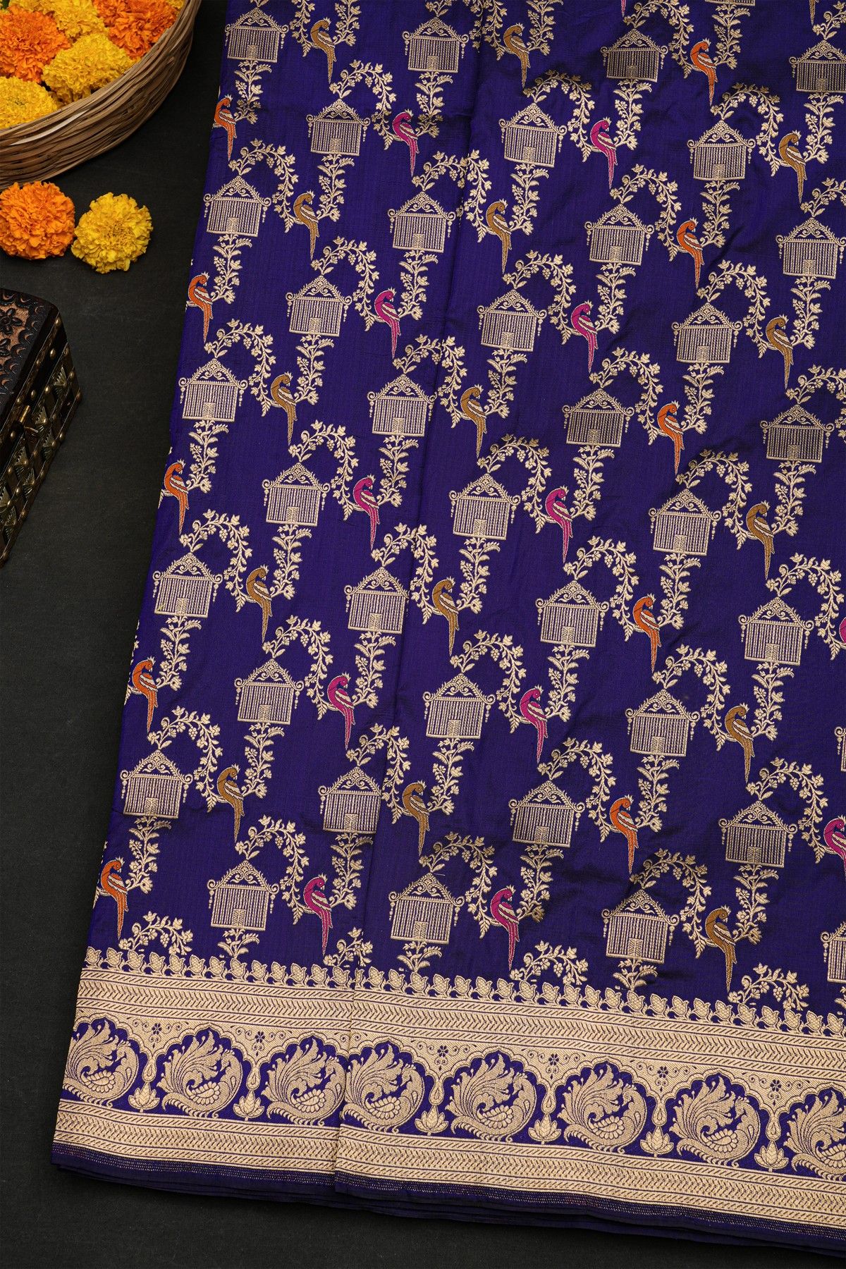 Banarasi Silk Navy Blue Saree With Florals And Leaves With Peacocks In Zari Border