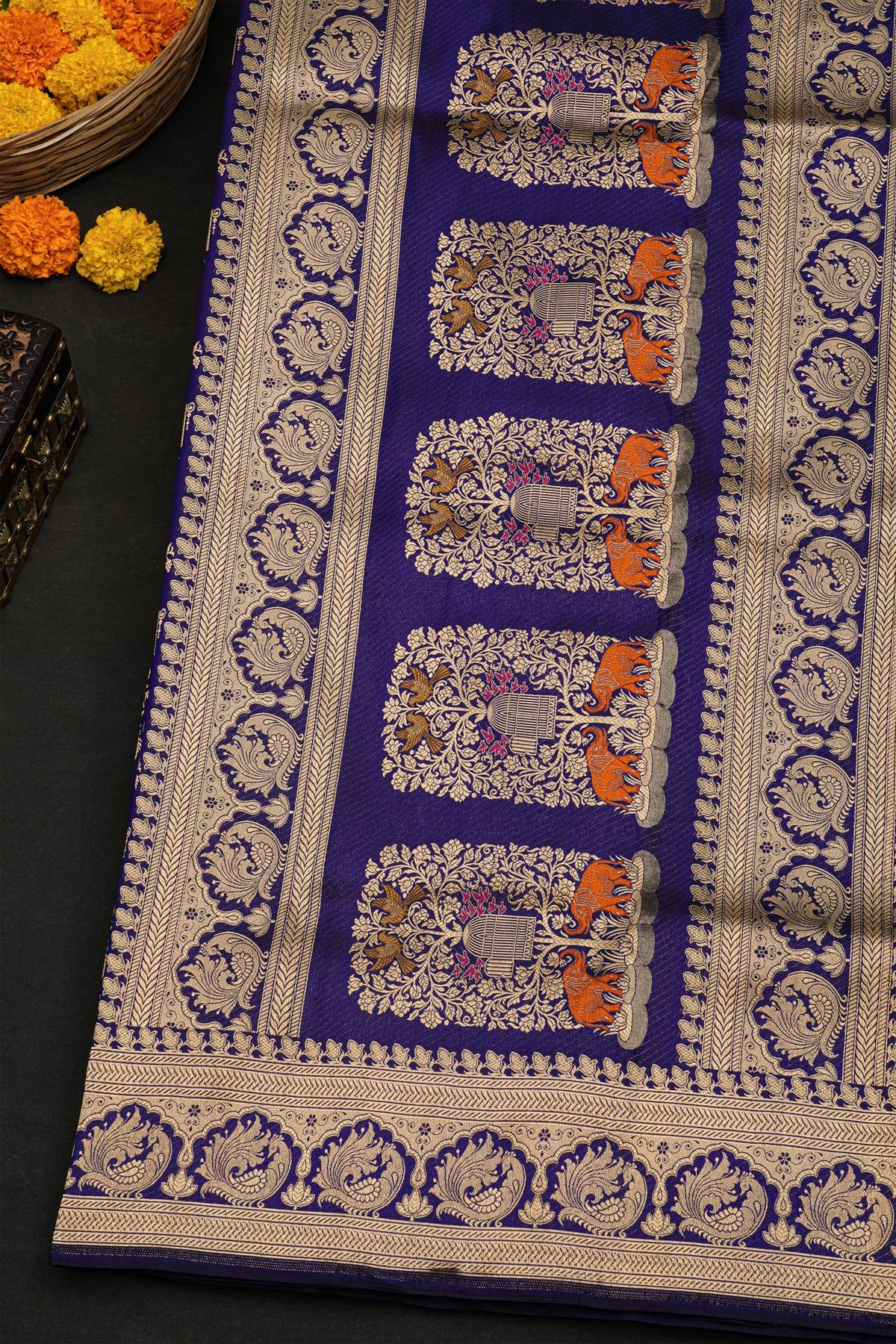 Banarasi Silk Navy Blue Saree With Florals And Leaves With Peacocks In Zari Border