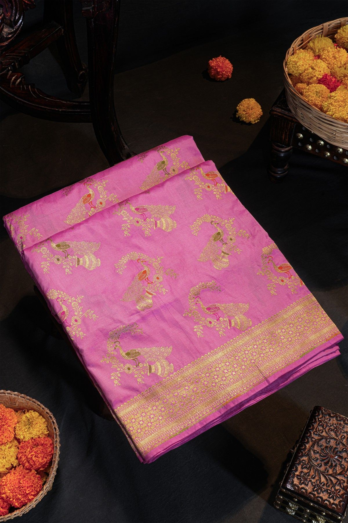 Banarasi Silk Pink Saree With Florals And Circles In Zari Border
