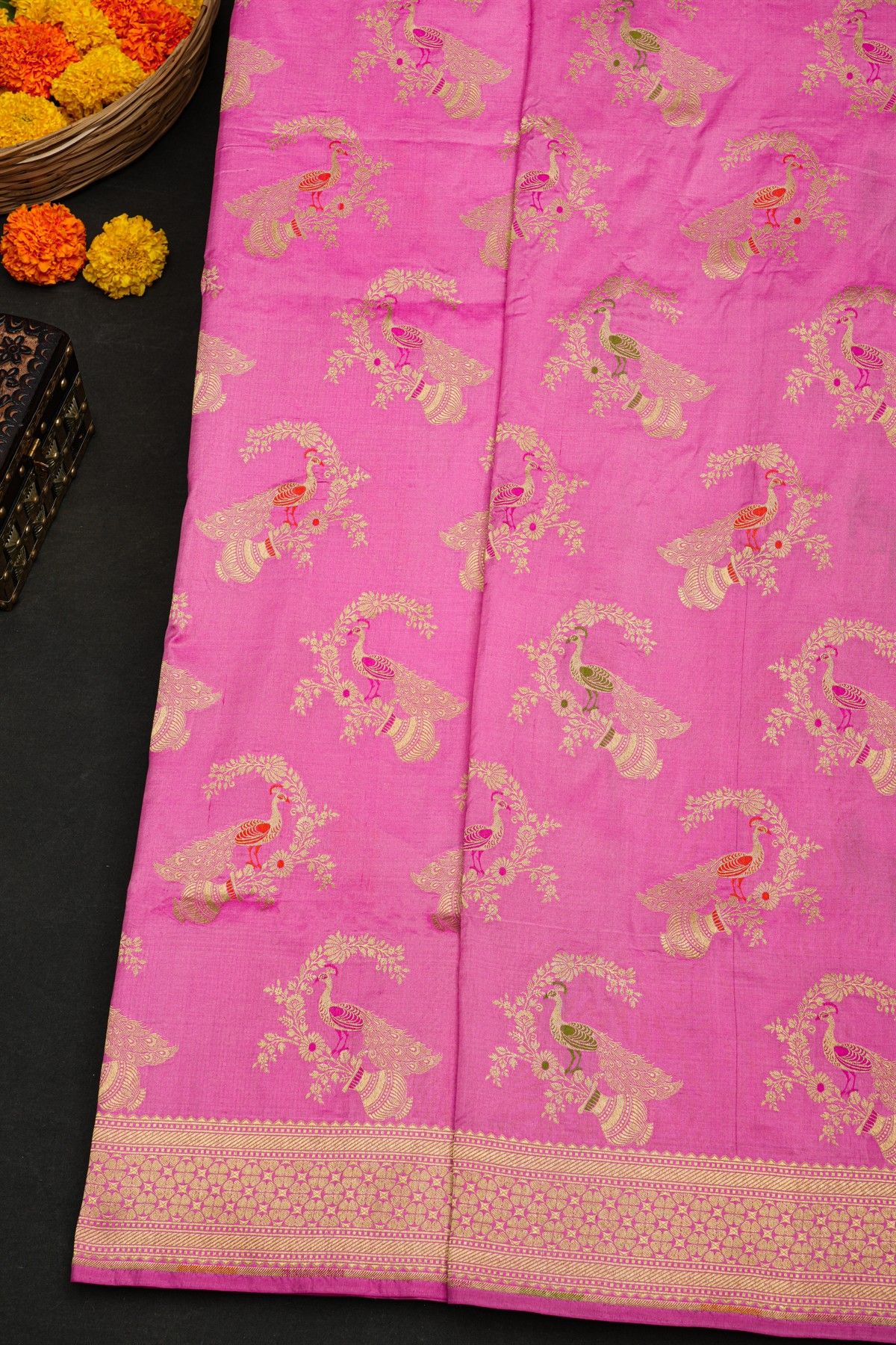 Banarasi Silk Pink Saree With Florals And Circles In Zari Border