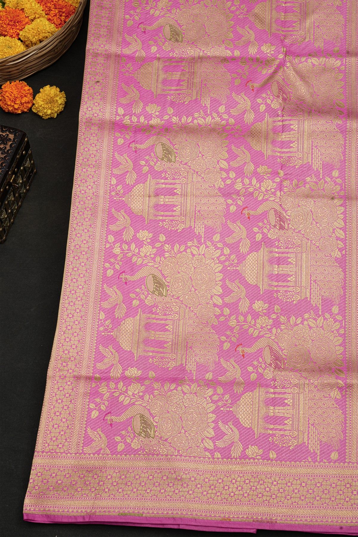 Banarasi Silk Pink Saree With Florals And Circles In Zari Border