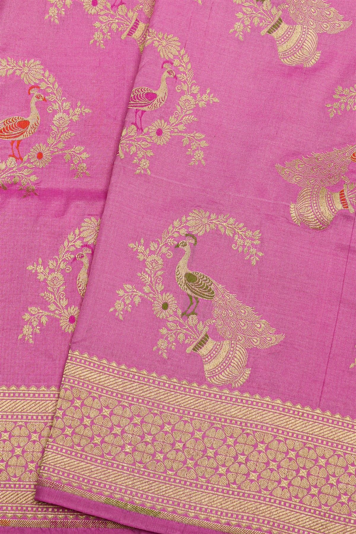 Banarasi Silk Pink Saree With Florals And Circles In Zari Border