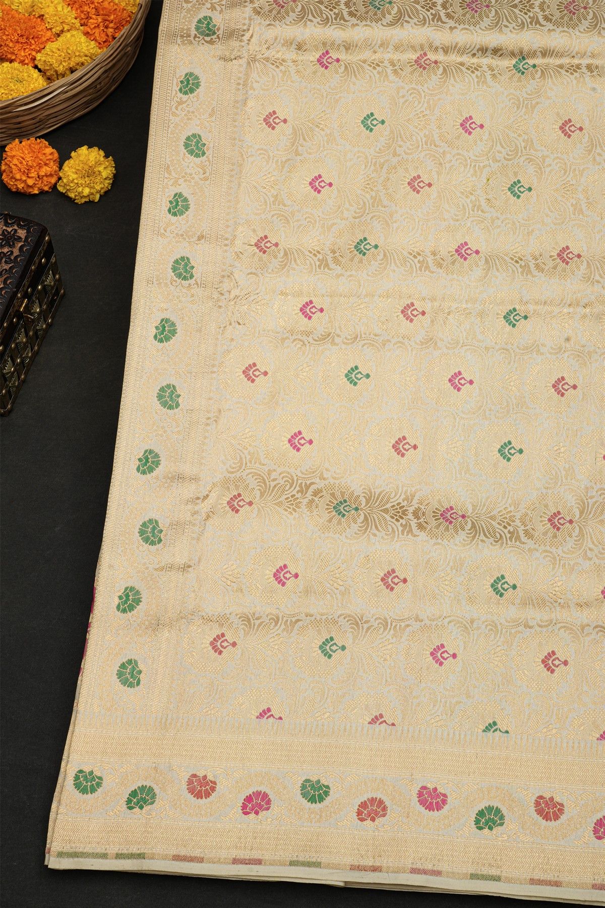 Banarasi Silk Multi-Colour Saree With Floral Jaal Border