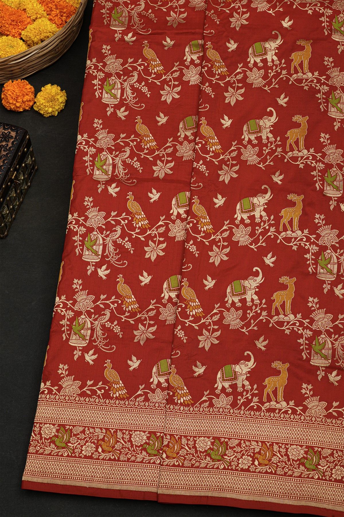 Banarasi Silk Brick Red Saree With Florals And Birds With Diamonds