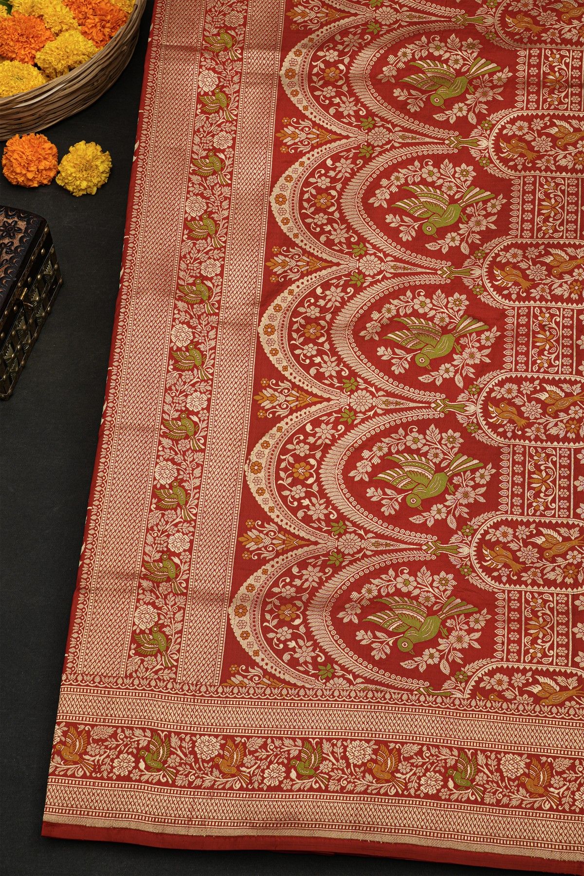 Banarasi Silk Brick Red Saree With Florals And Birds With Diamonds