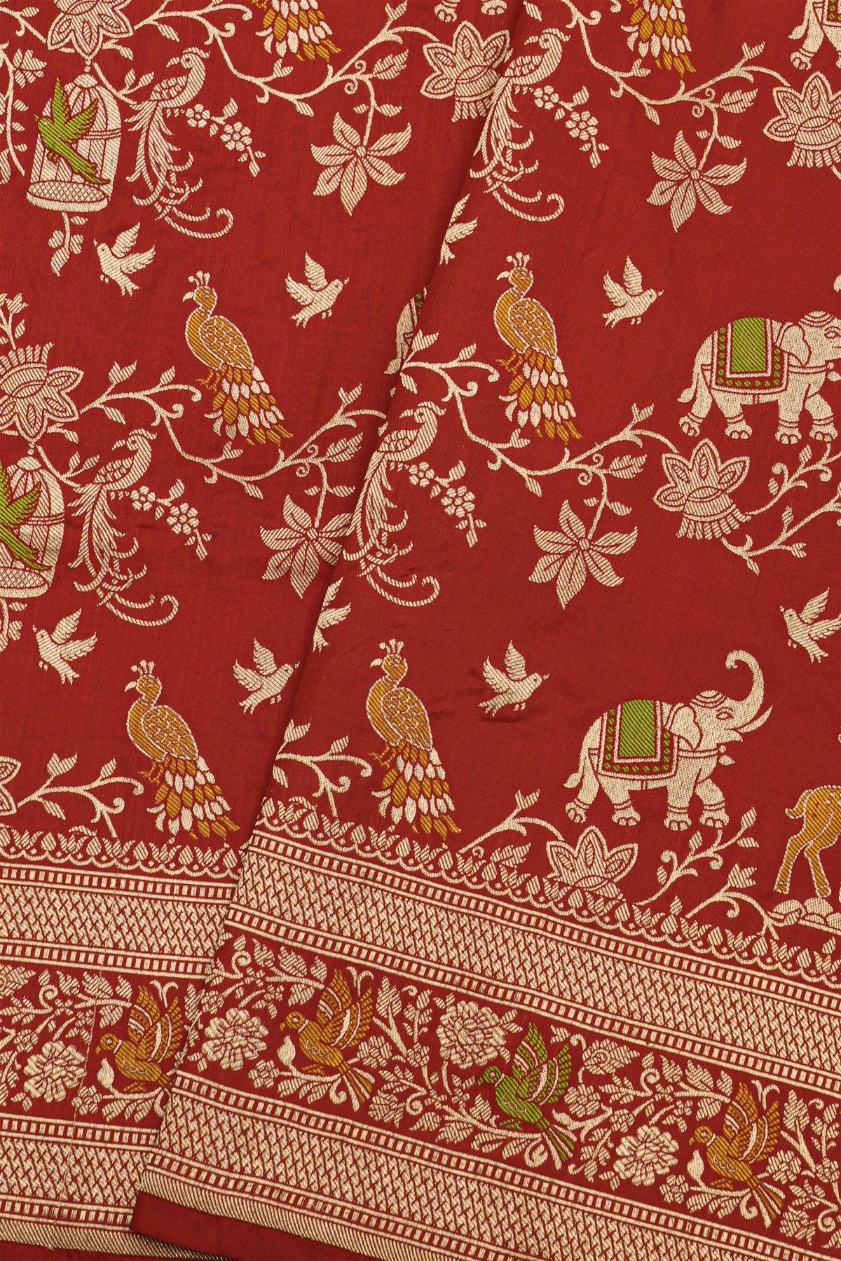 Banarasi Silk Brick Red Saree With Florals And Birds With Diamonds