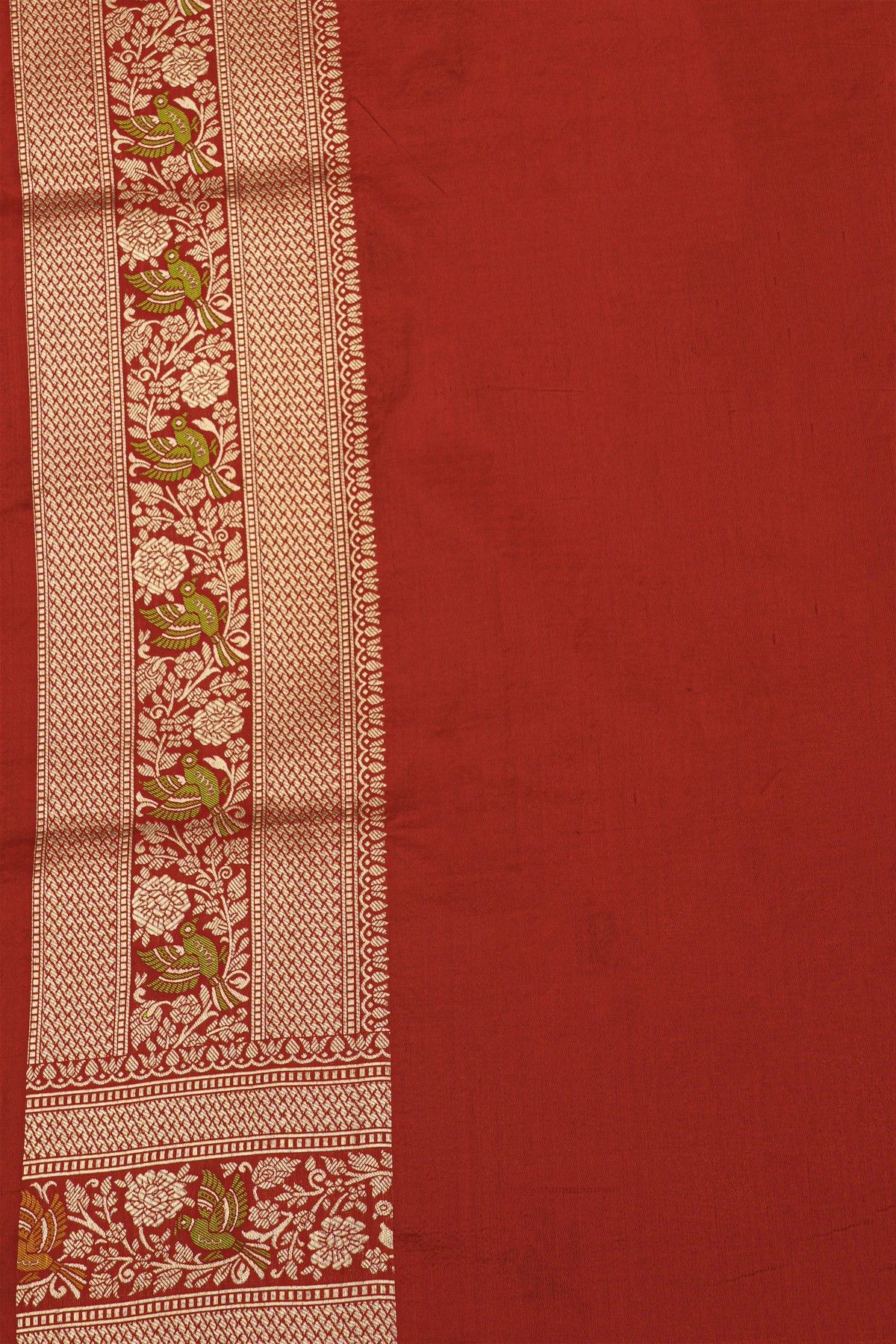 Banarasi Silk Brick Red Saree With Florals And Birds With Diamonds