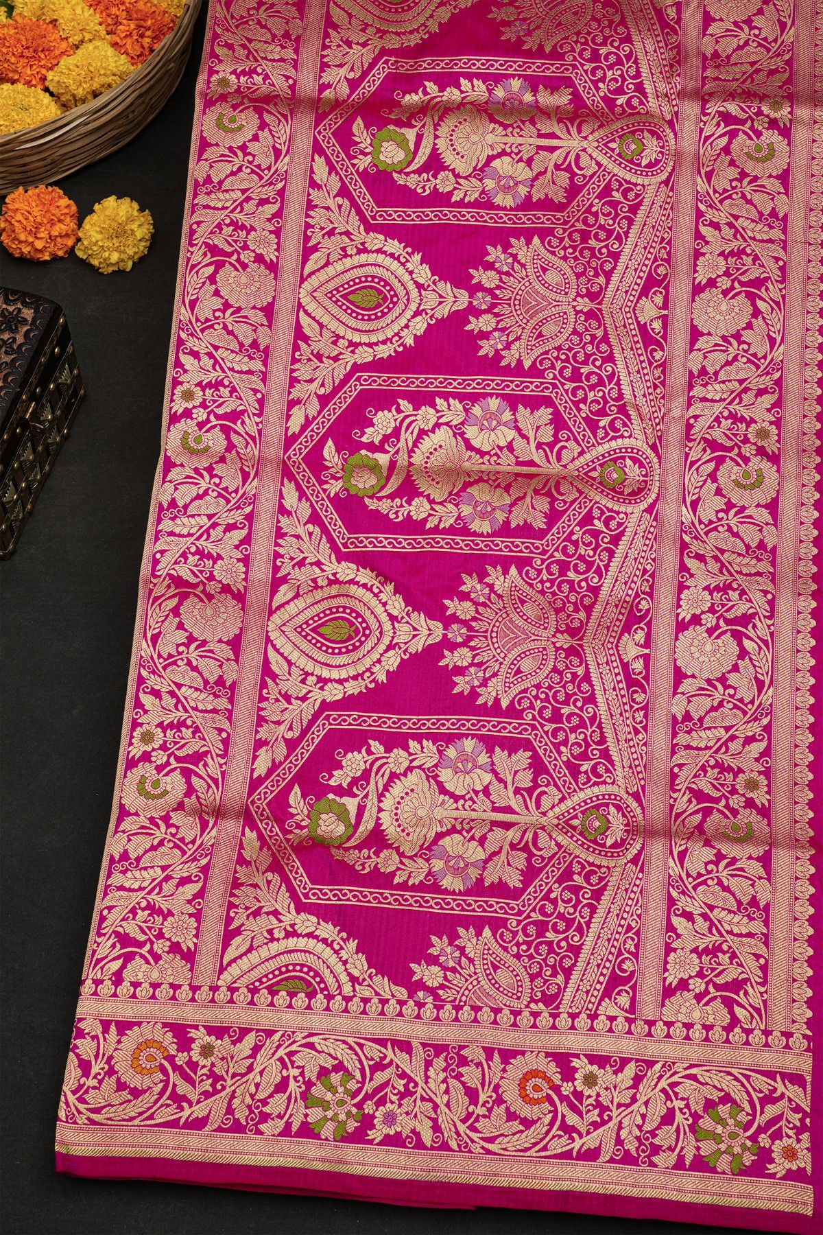 Banarasi Silk Pink Saree With Floral Jaal Border