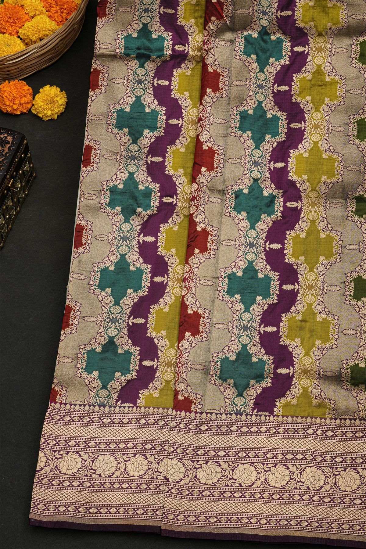 Banarasi Silk Multi-Colour Saree With Florals And Diamonds In Lines Border