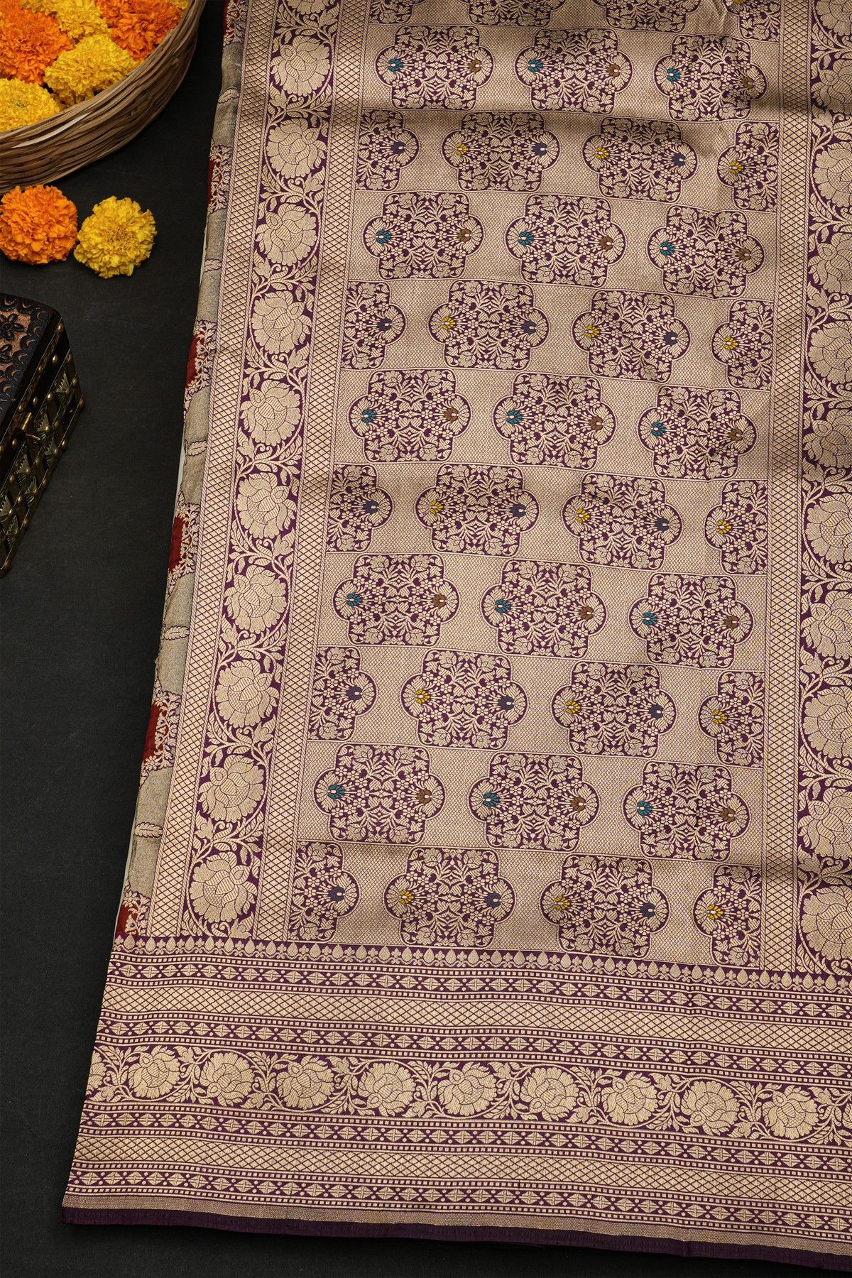 Banarasi Silk Multi-Colour Saree With Florals And Diamonds In Lines Border