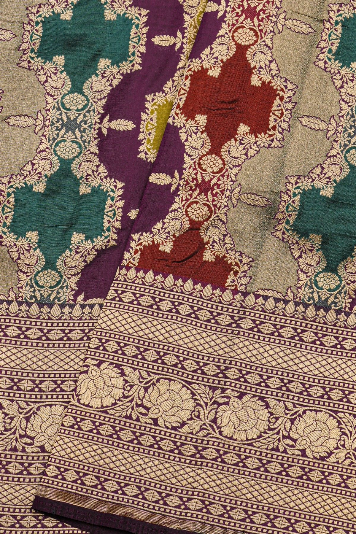 Banarasi Silk Multi-Colour Saree With Florals And Diamonds In Lines Border