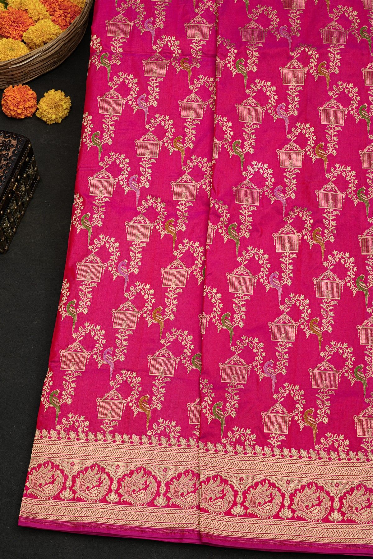 Banarasi Silk Pink Saree With Florals And Peacocks With Diamonds Border