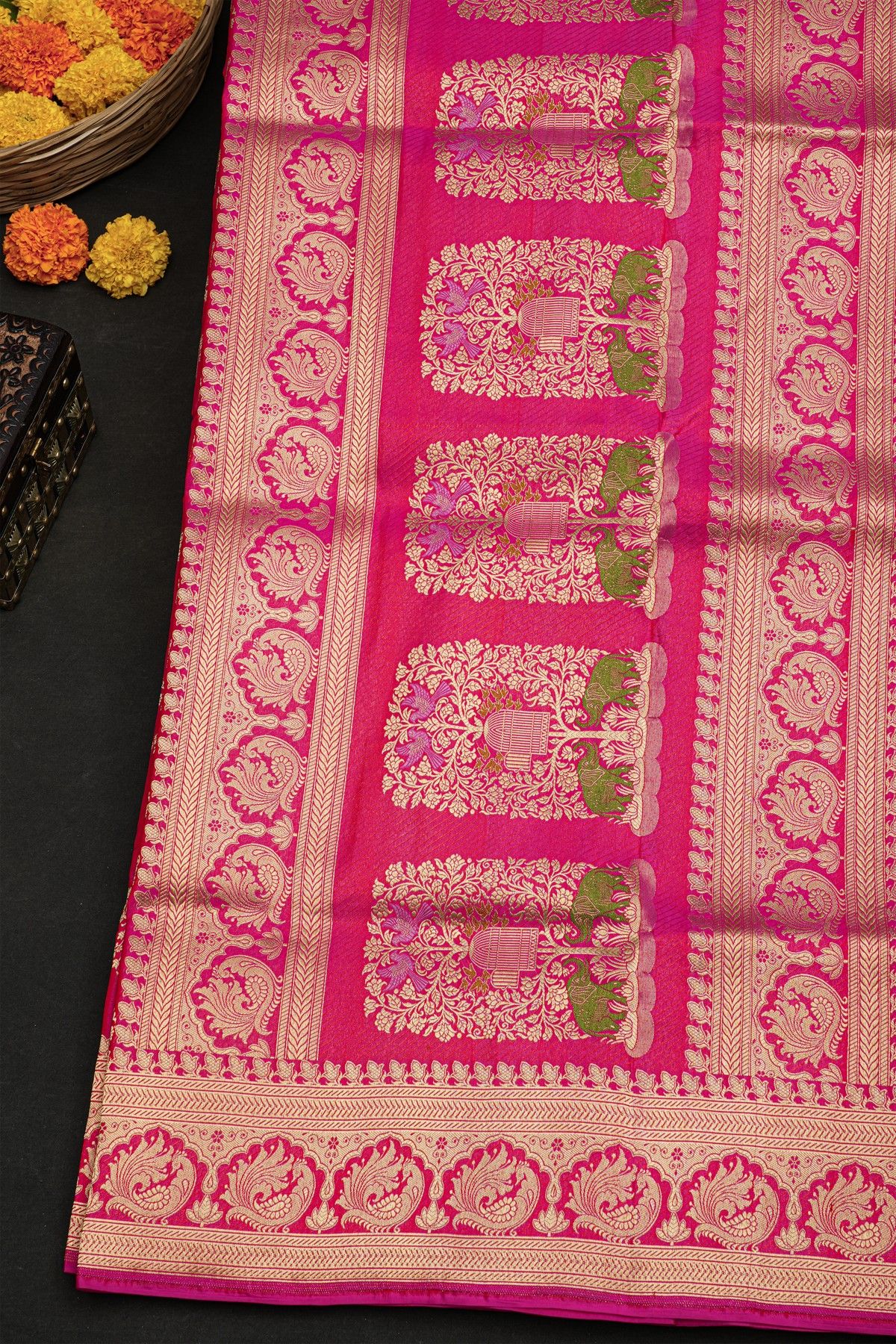 Banarasi Silk Pink Saree With Florals And Peacocks With Diamonds Border