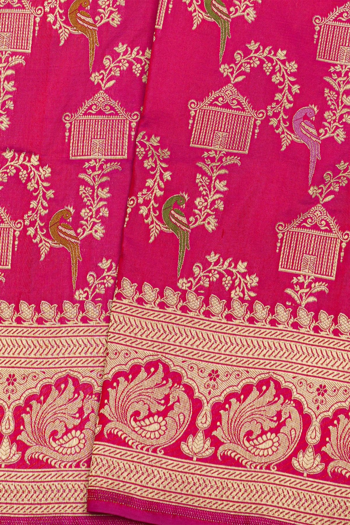 Banarasi Silk Pink Saree With Florals And Peacocks With Diamonds Border