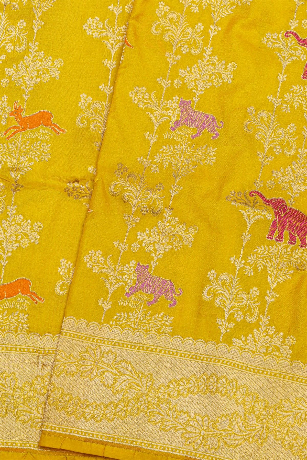 Banarasi Silk Yellow Saree With Florals And Leaves With Cross Lines Border