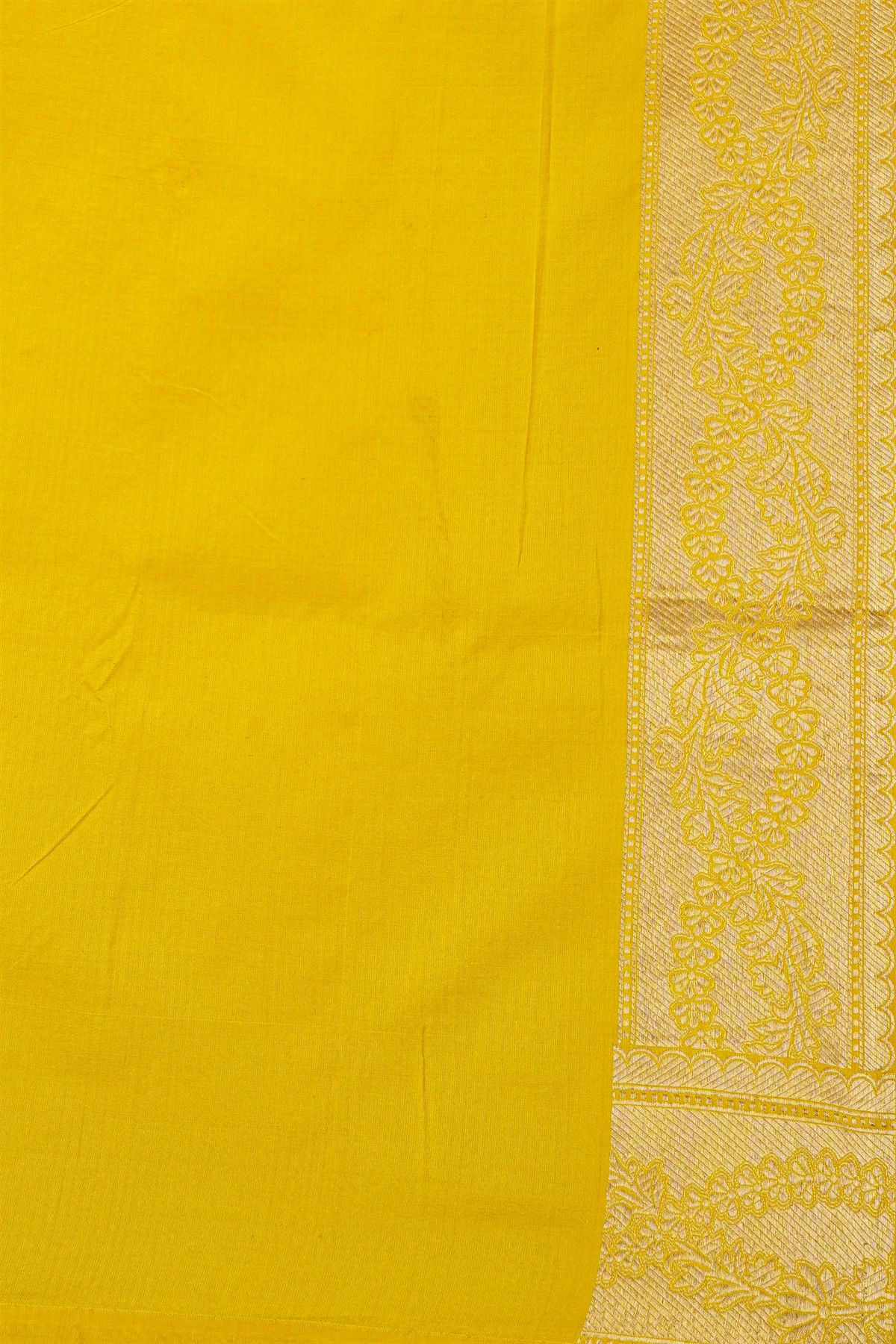 Banarasi Silk Yellow Saree With Florals And Leaves With Cross Lines Border