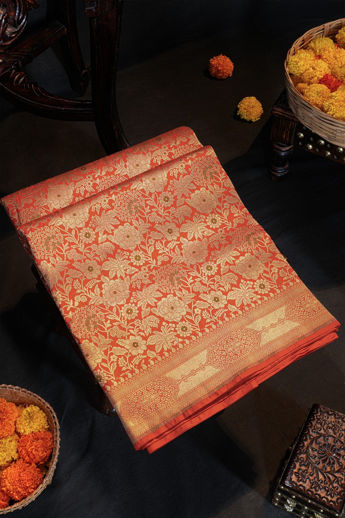 Banarasi Silk Peach Saree With Florals And Leaves Border