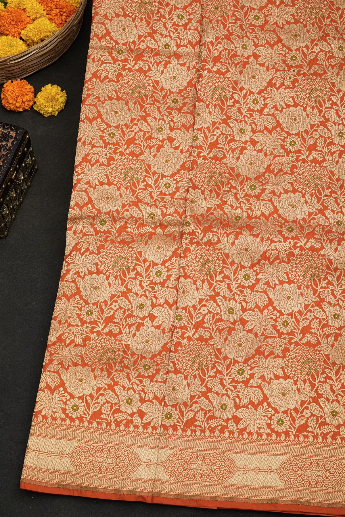 Banarasi Silk Peach Saree With Florals And Leaves Border