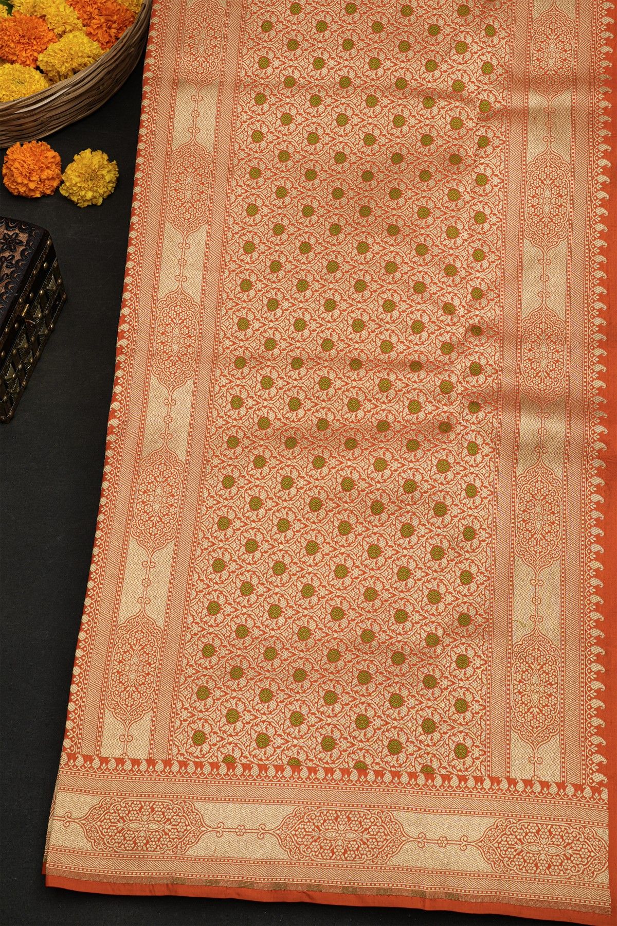 Banarasi Silk Peach Saree With Florals And Leaves Border