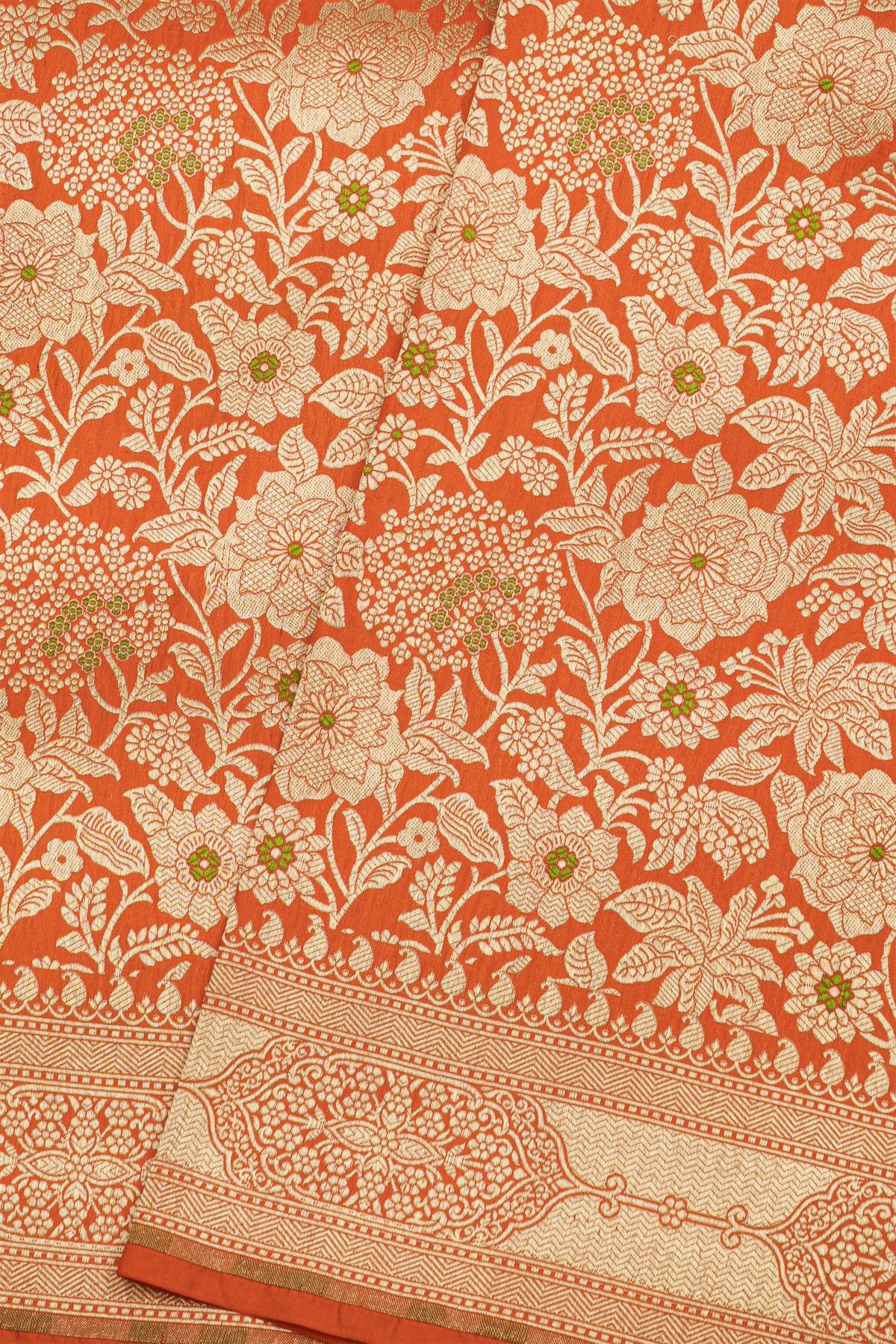 Banarasi Silk Peach Saree With Florals And Leaves Border