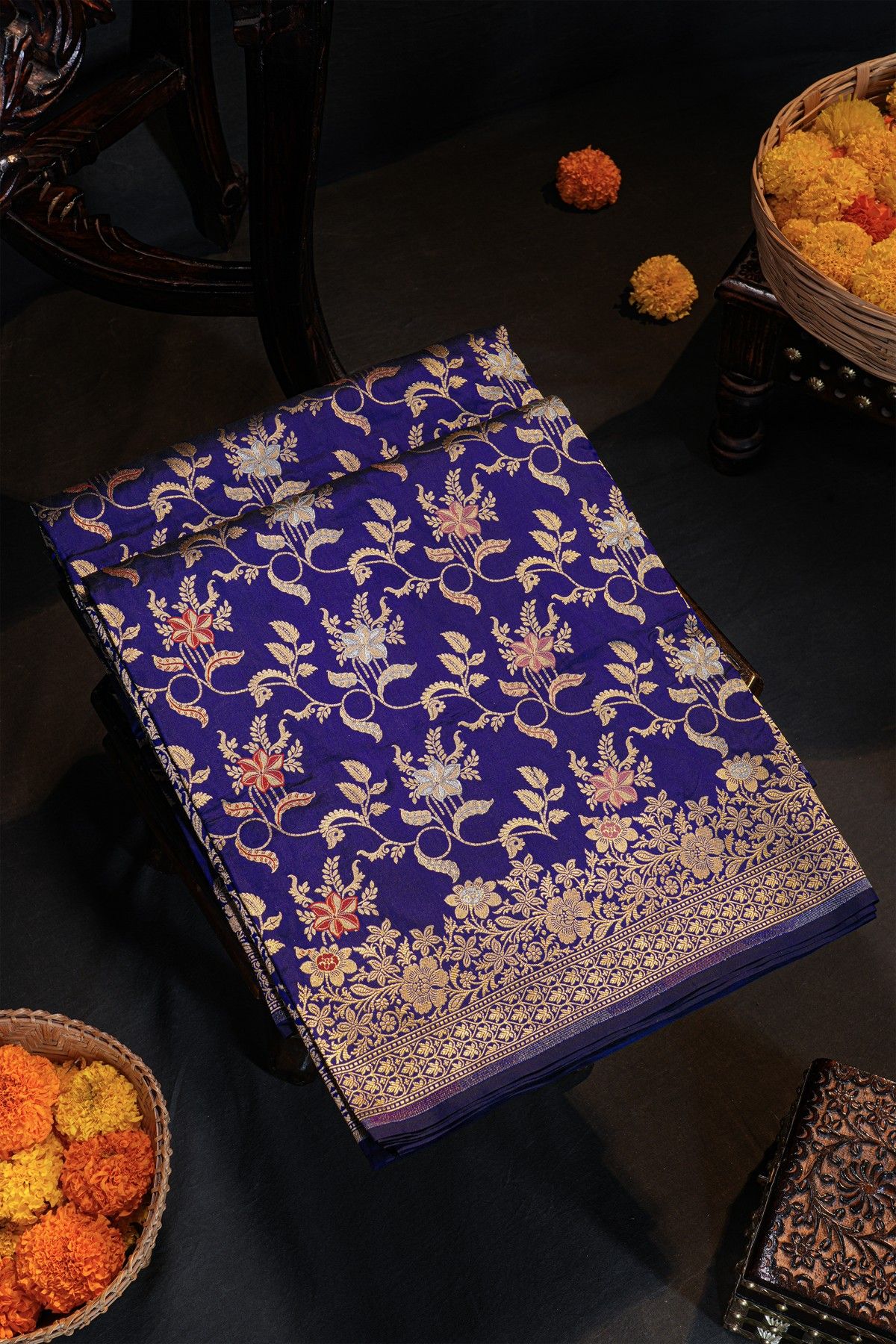 Banarasi Silk Navy Blue Saree With Florals In Cross Checks