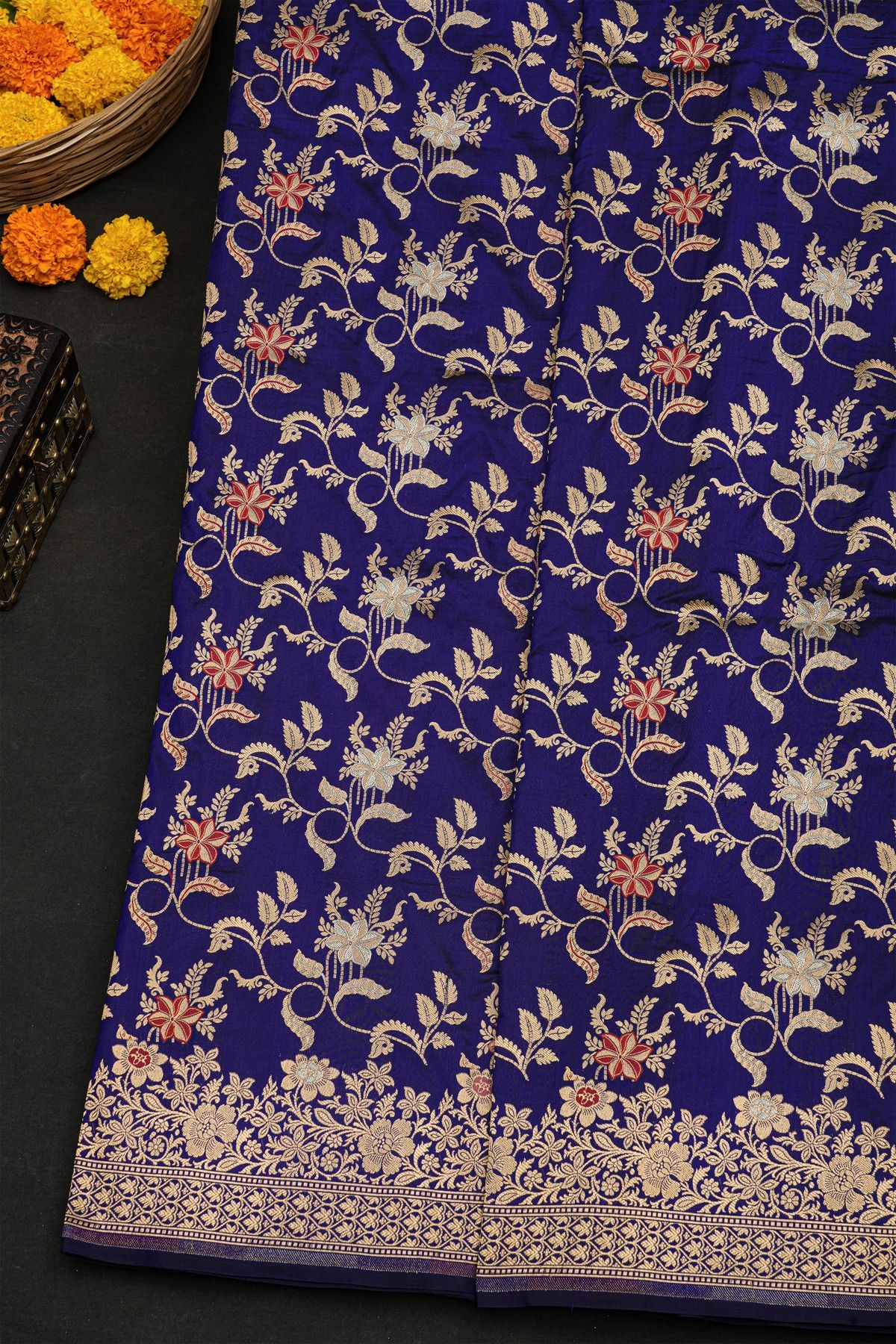 Banarasi Silk Navy Blue Saree With Florals In Cross Checks