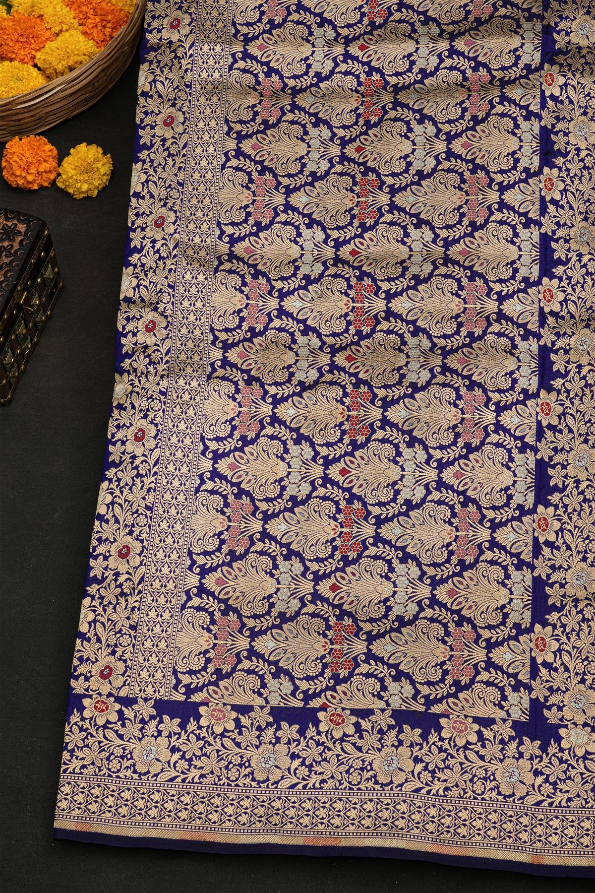 Banarasi Silk Navy Blue Saree With Florals In Cross Checks