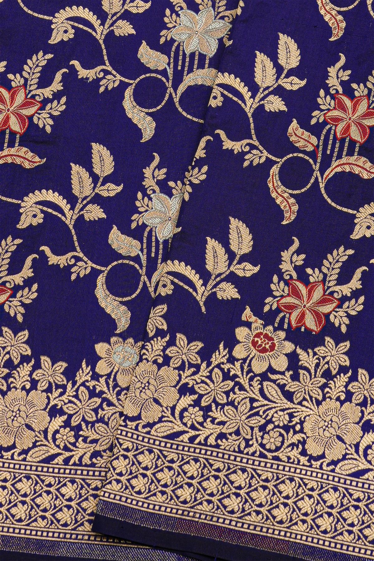 Banarasi Silk Navy Blue Saree With Florals In Cross Checks