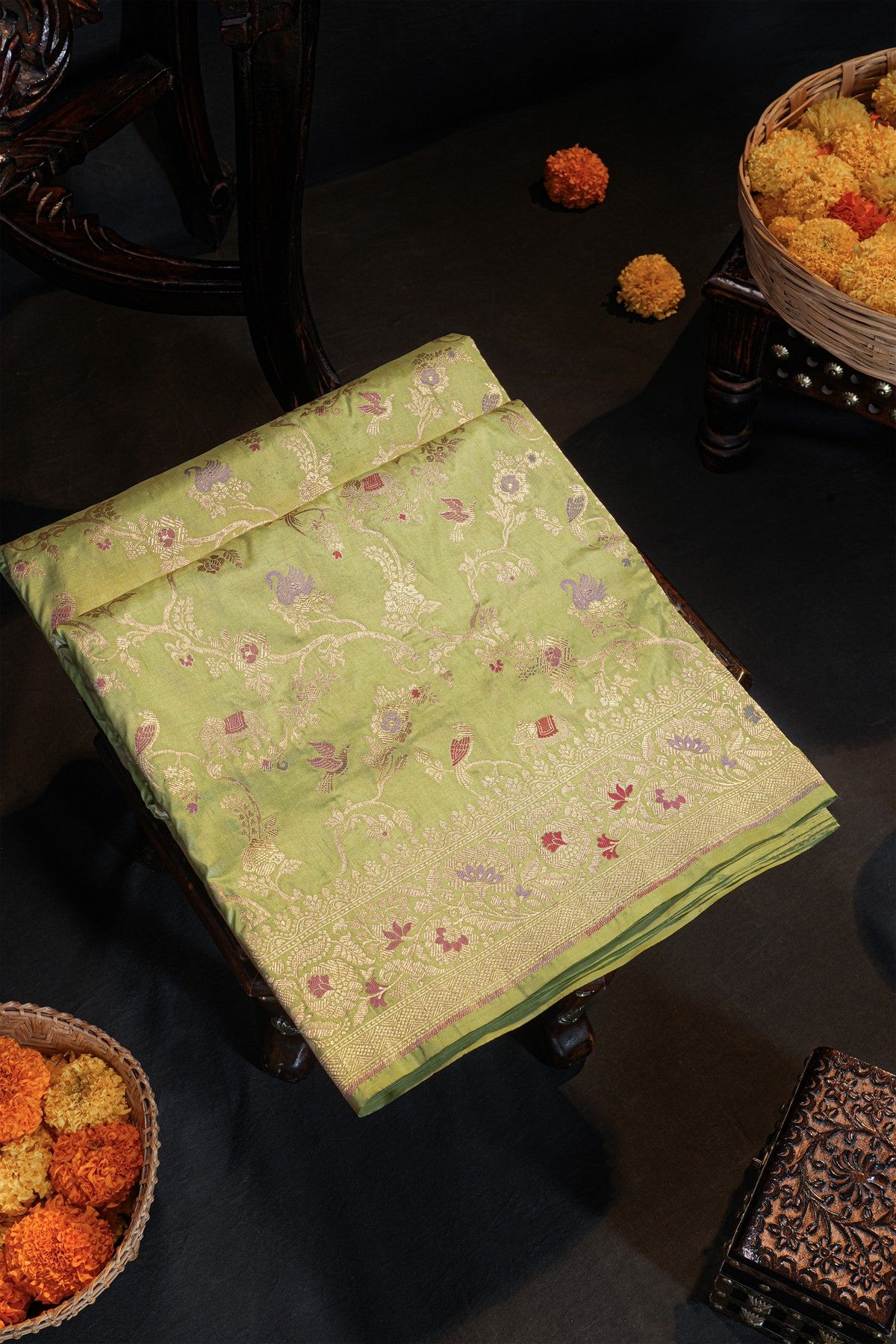 Banarasi Silk Pista Green Saree With Florals And Leaves Jaal