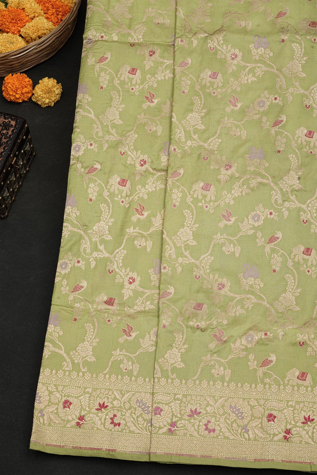 Banarasi Silk Pista Green Saree With Florals And Leaves Jaal
