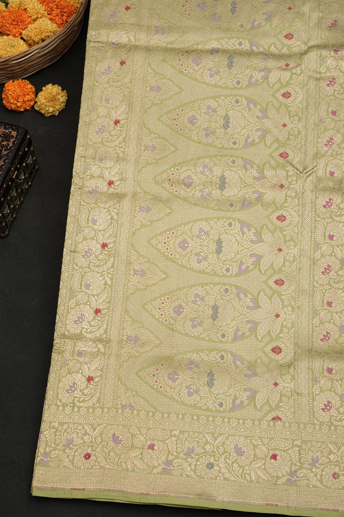 Banarasi Silk Pista Green Saree With Florals And Leaves Jaal