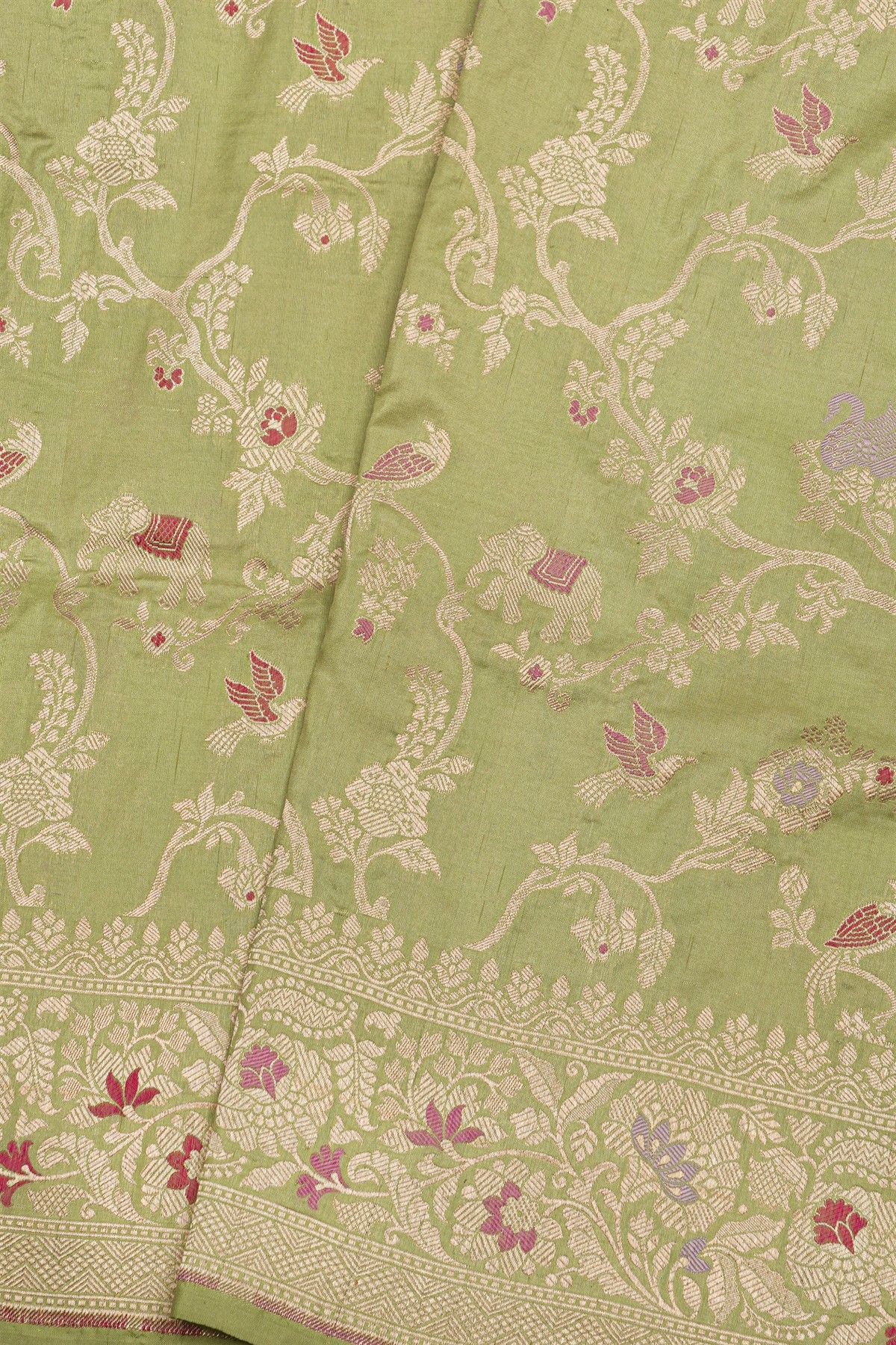 Banarasi Silk Pista Green Saree With Florals And Leaves Jaal