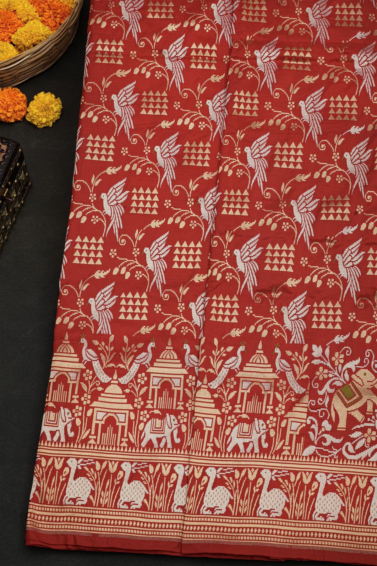 Banarasi Silk Maroon Saree With Florals And Deers In Zari Border
