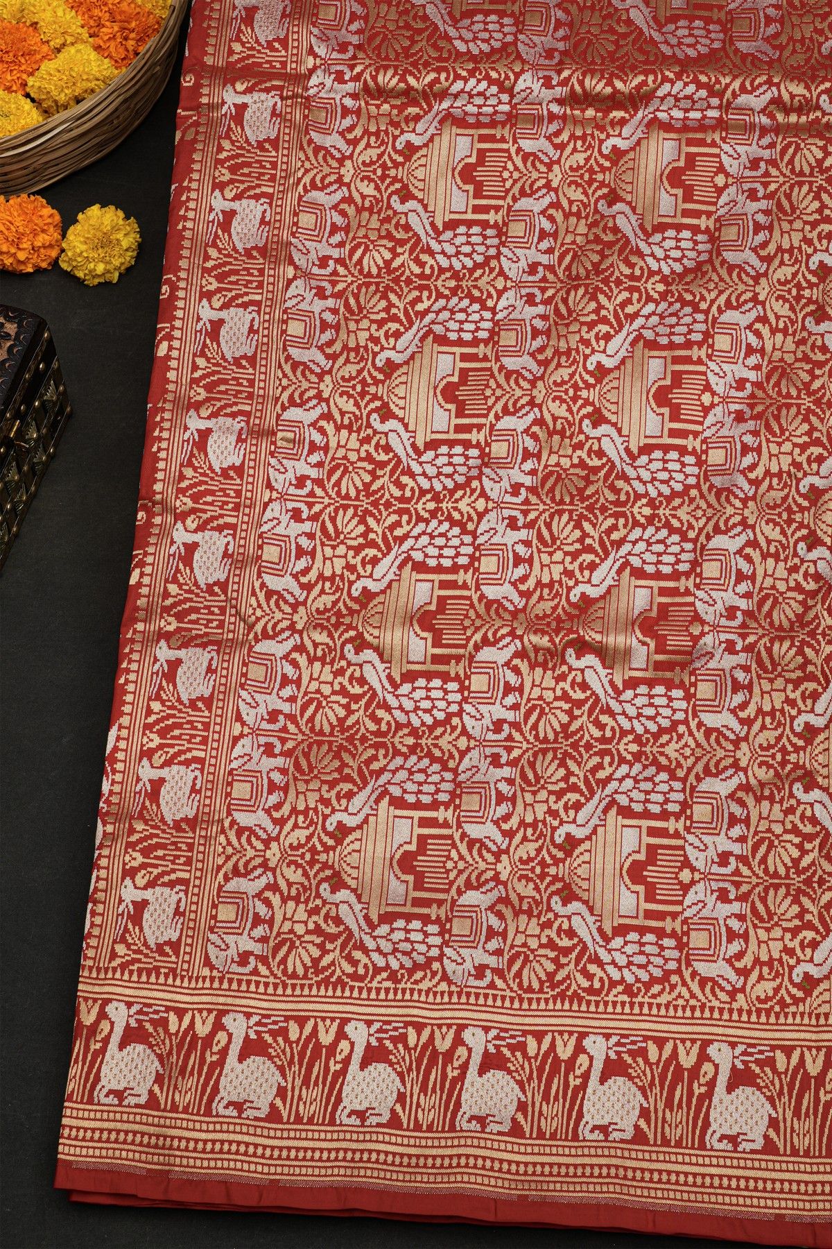 Banarasi Silk Maroon Saree With Florals And Deers In Zari Border