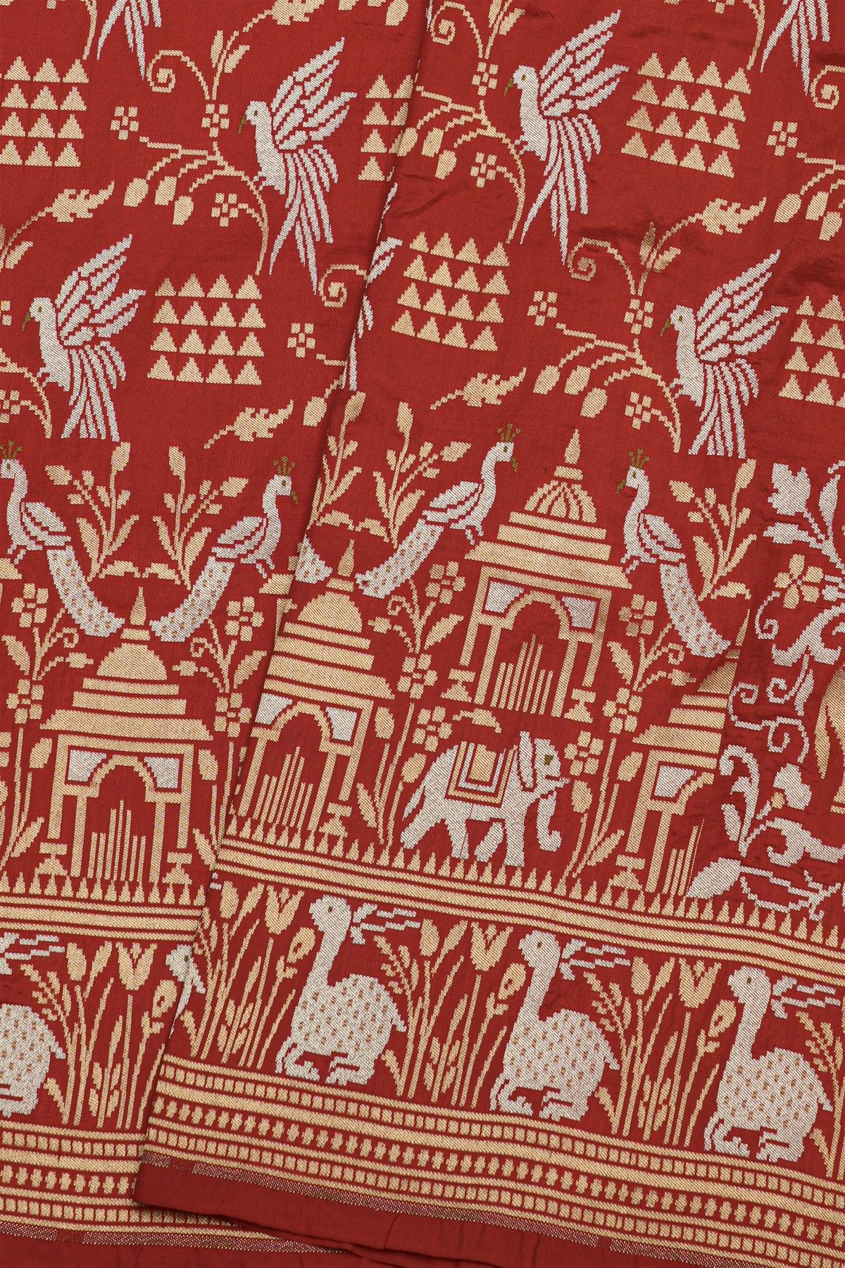 Banarasi Silk Maroon Saree With Florals And Deers In Zari Border